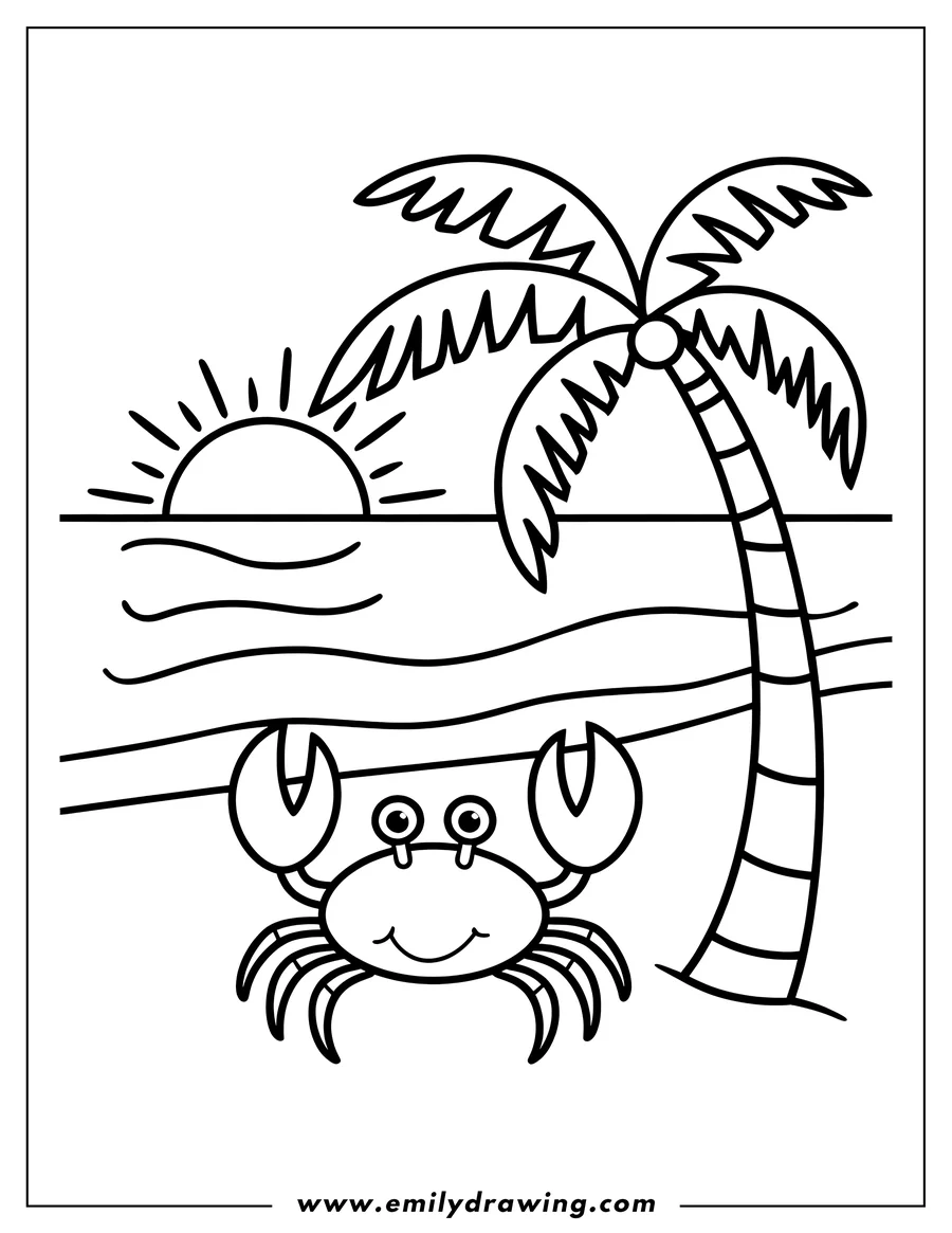 Outline of a smiling crab on the beach with a palm tree and the setting sun in the background.
