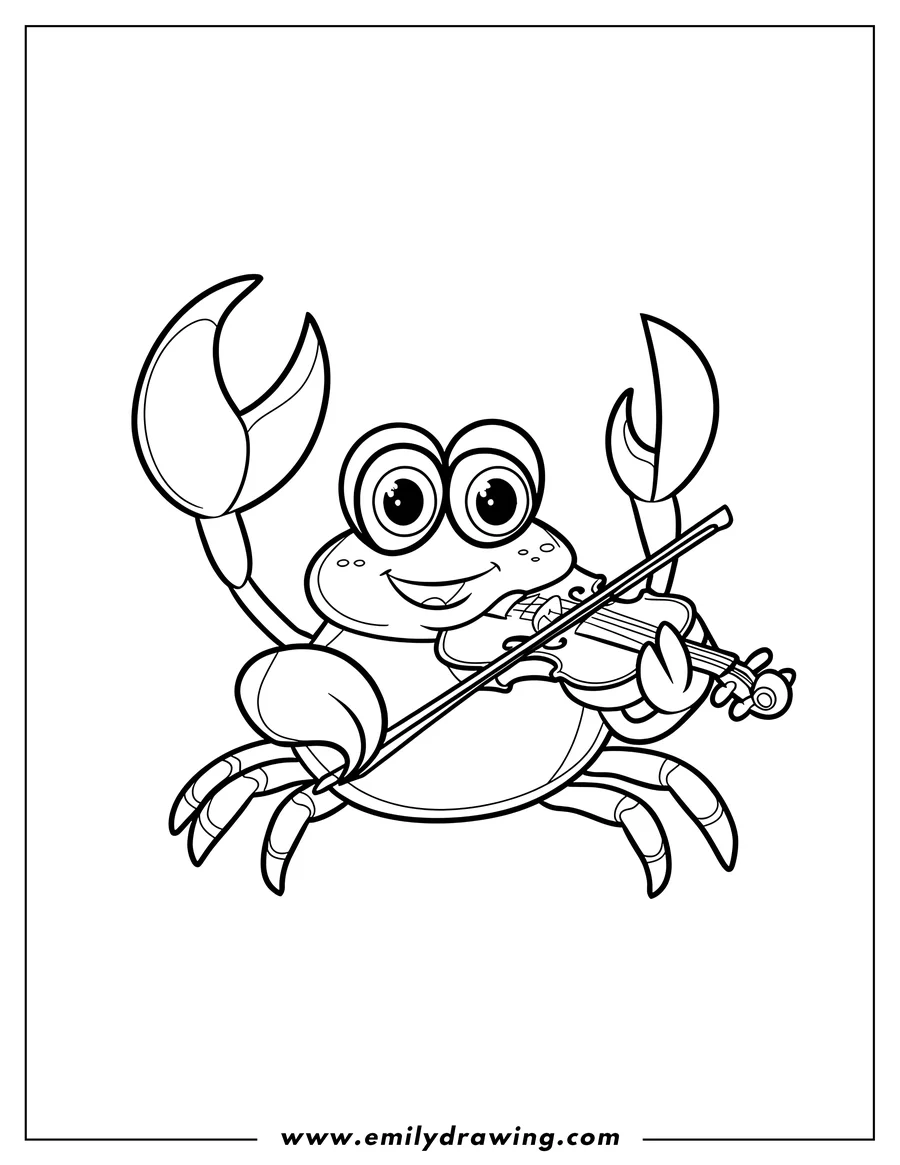 Line art of a crab playing the violin. It looks happy and musical.