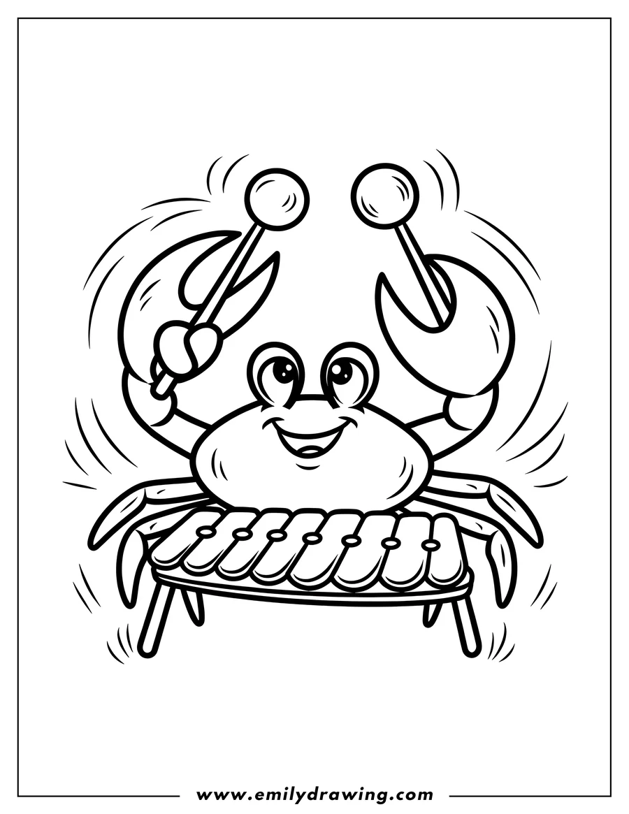 Outline of a smiling crab playing a xylophone with mallets.