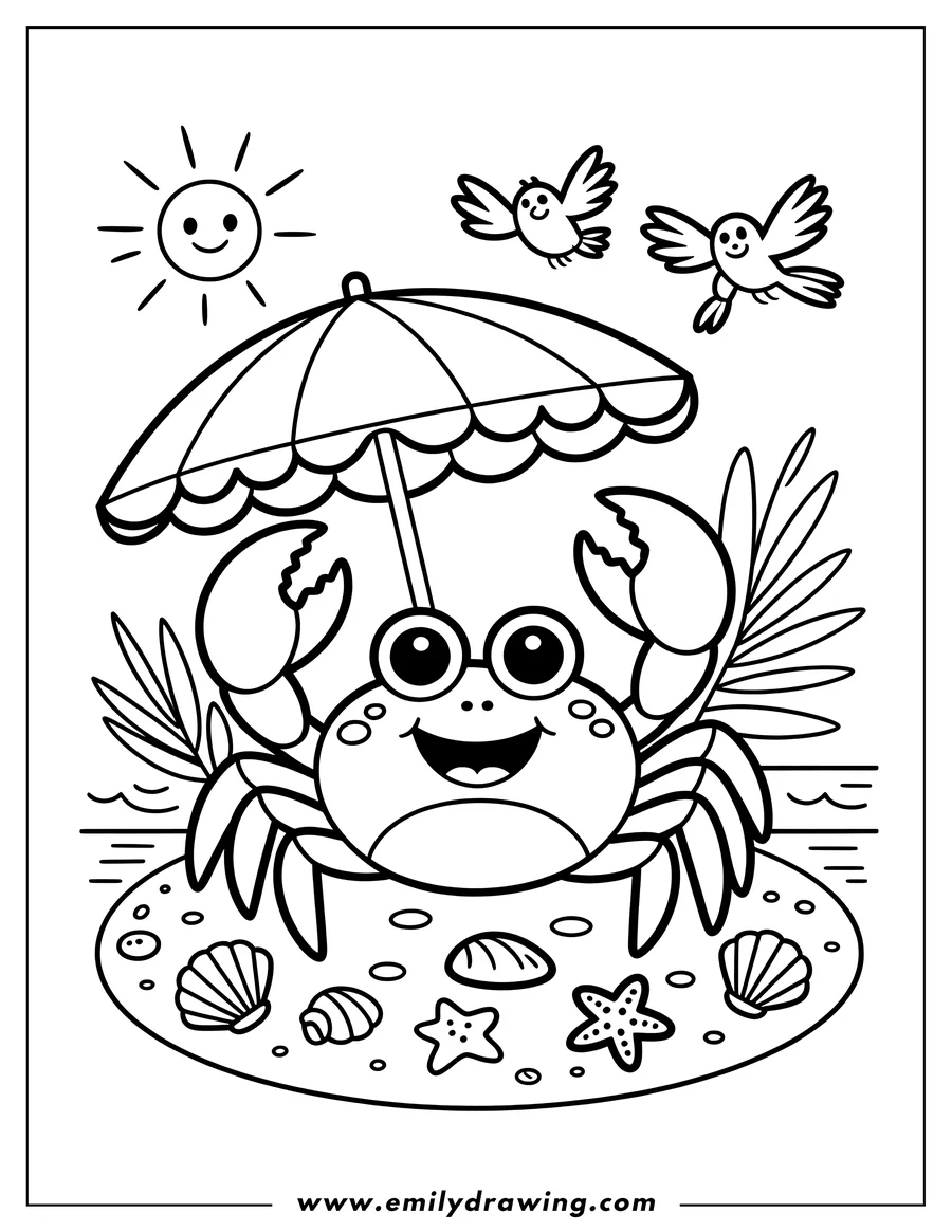 Outline of a smiling crab standing under a beach umbrella on a sandy beach with seashells and starfish, two birds flying overhead, and a happy sun shining