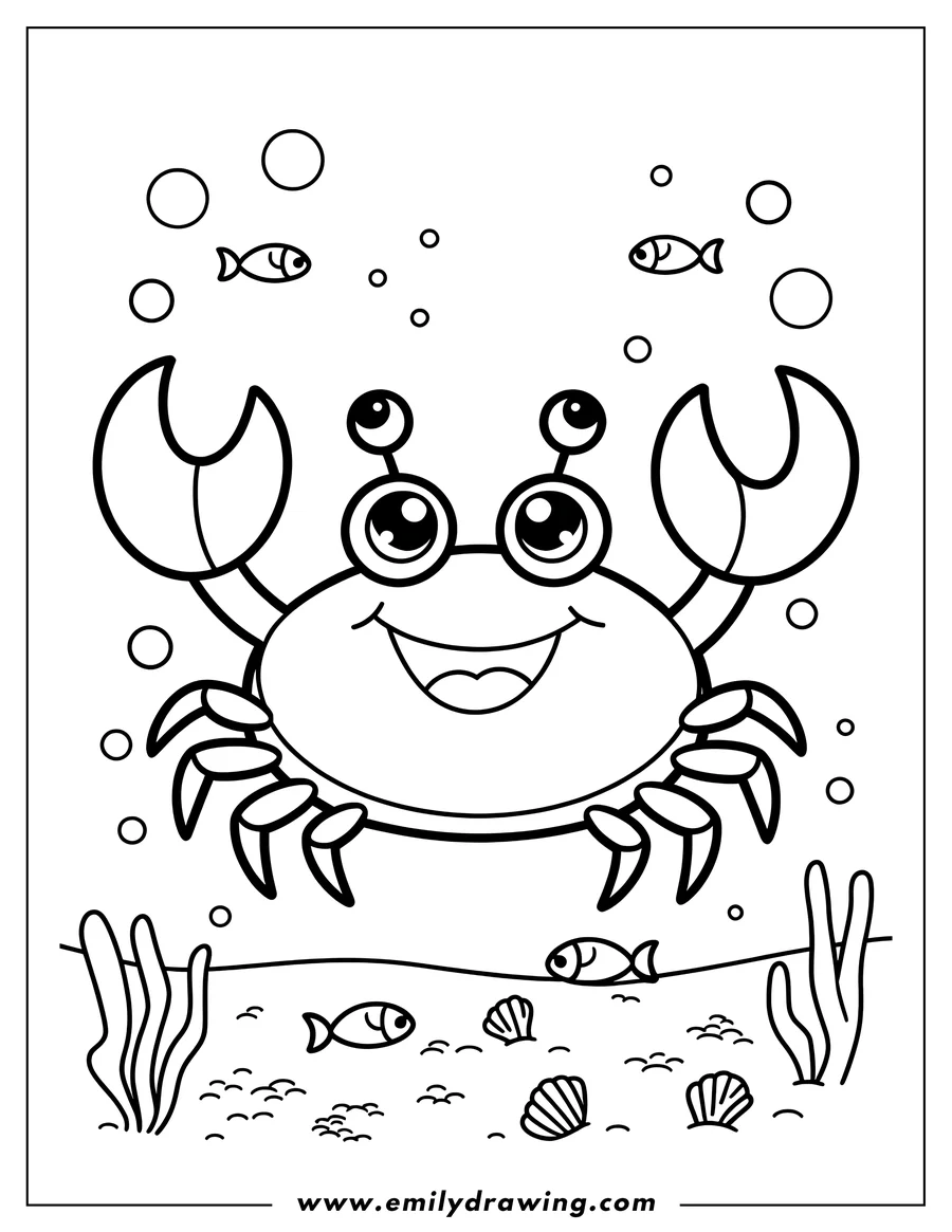 Line art of a smiling crab swimming underwater, with small fish above and seaweed and shells below.