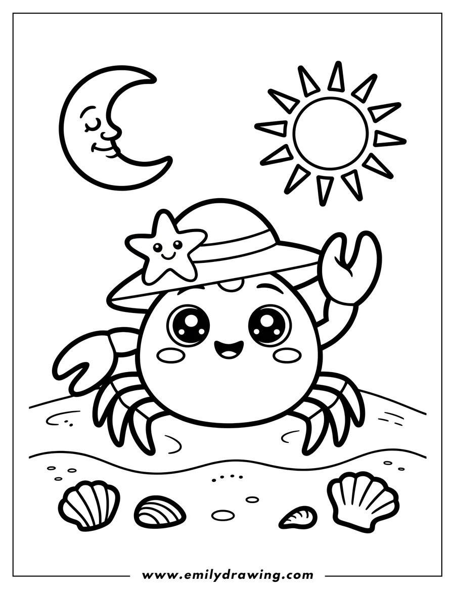 Outline of a cheerful crab waving, wearing a starfish hat, on a sandy beach with seashells. The sun and moon are visible in the sky.