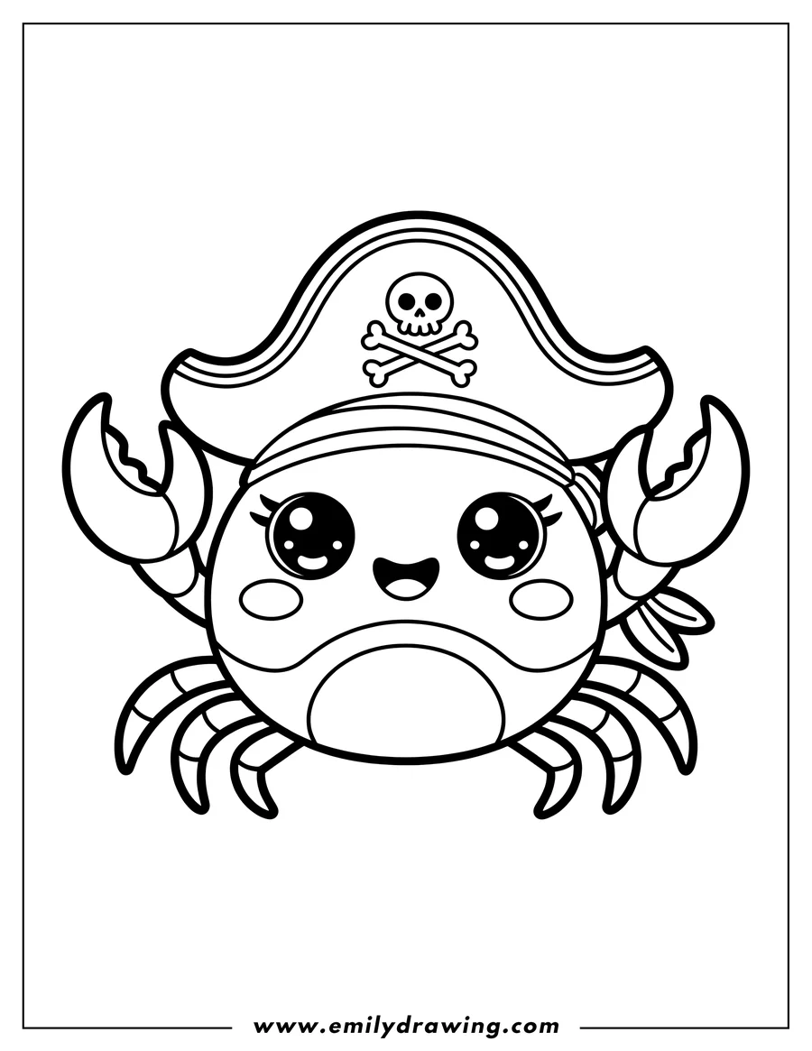 Outline of a cute crab wearing a pirate hat with skull and crossbones.