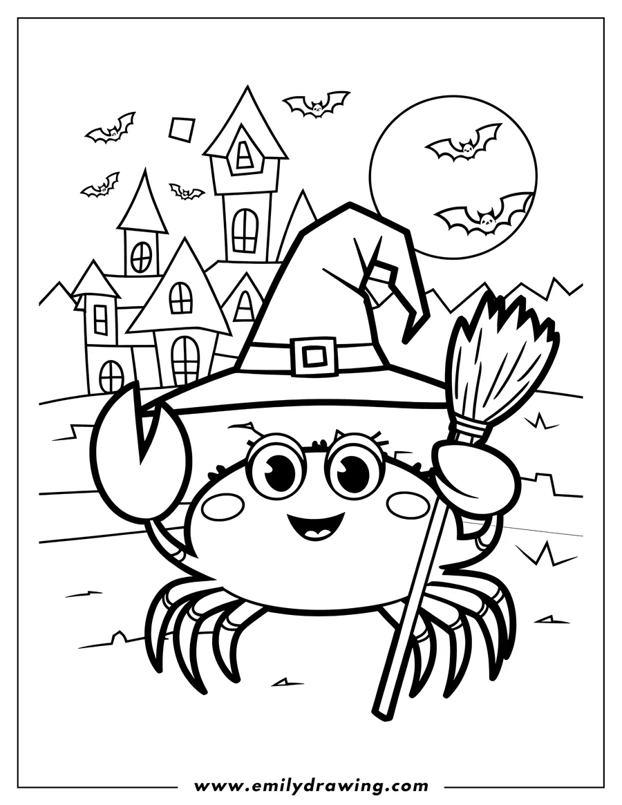 Line art of a crab wearing a witch hat and holding a broom, with a haunted house and bats in the background.