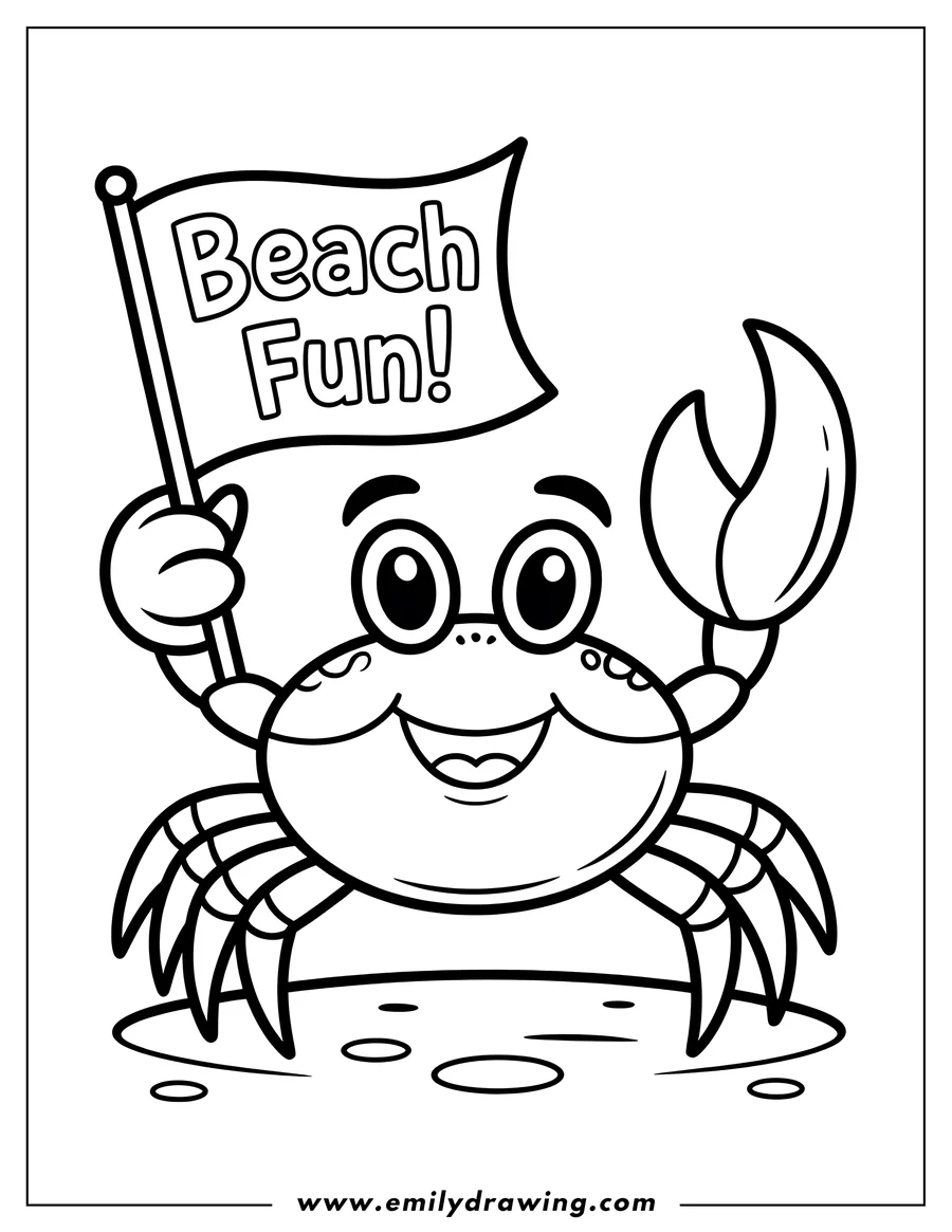 Line art of a smiling crab holding a