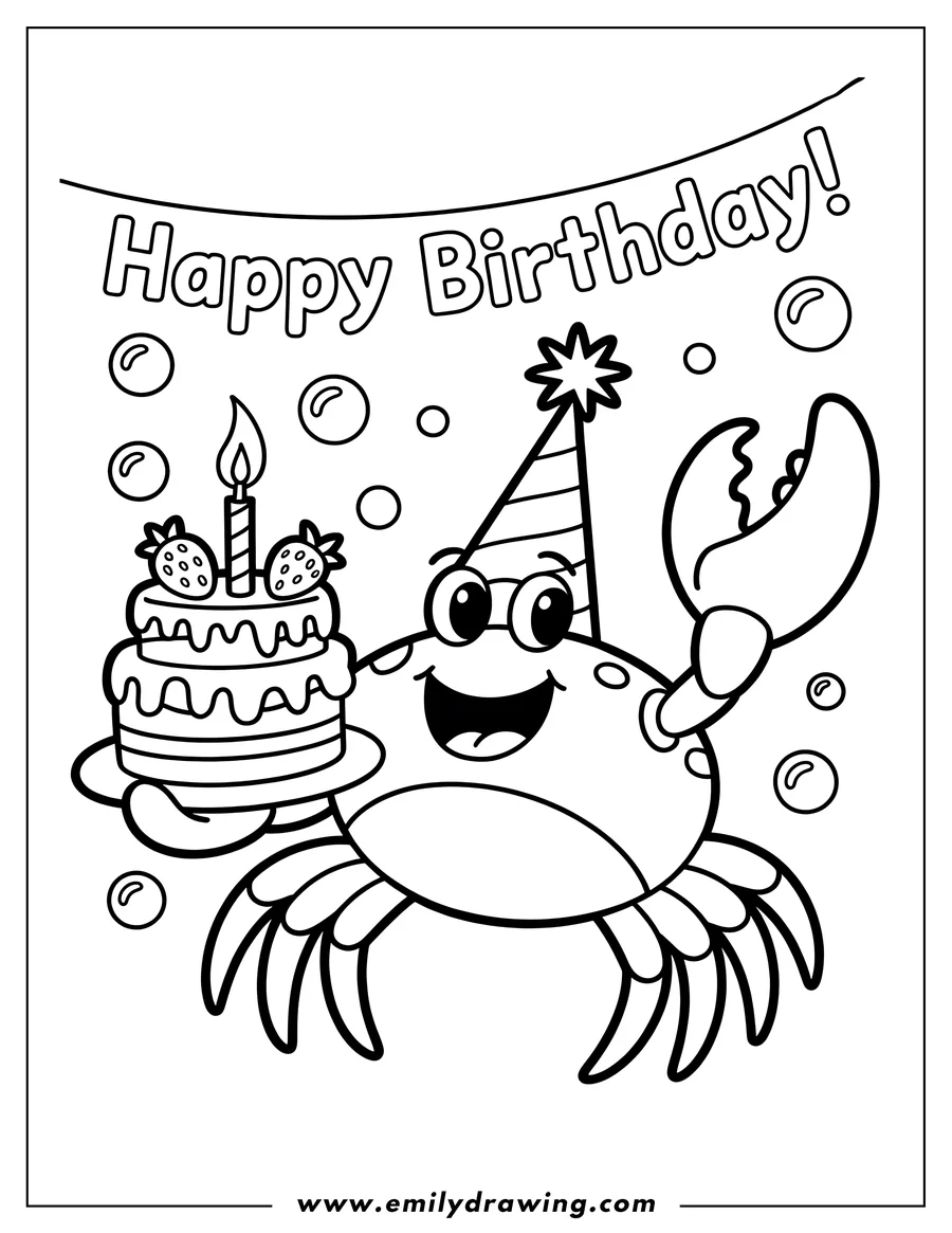 Outline of a crab holding a birthday cake with a lit candle and strawberries, wearing a party hat, with