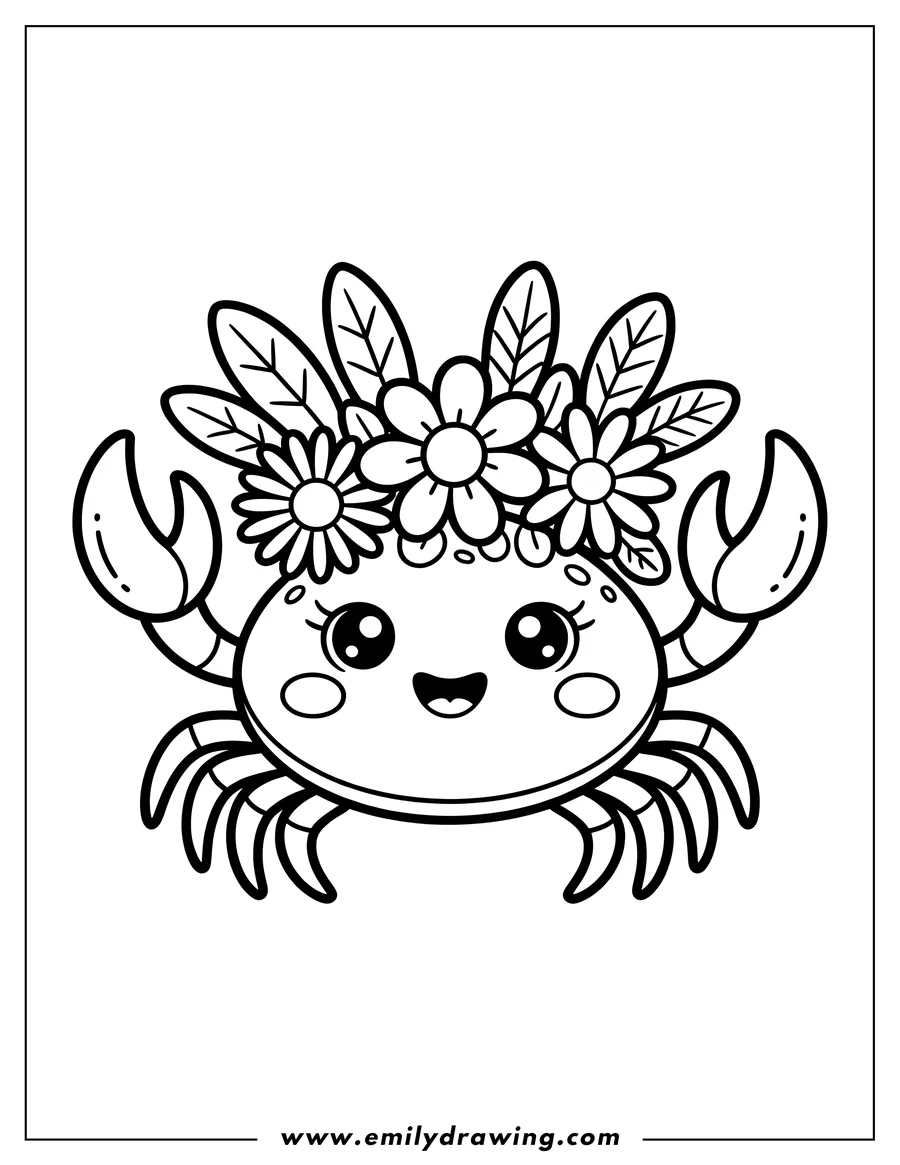 Outline of a crab wearing a crown of flowers. It has large, friendly eyes and is smiling.
