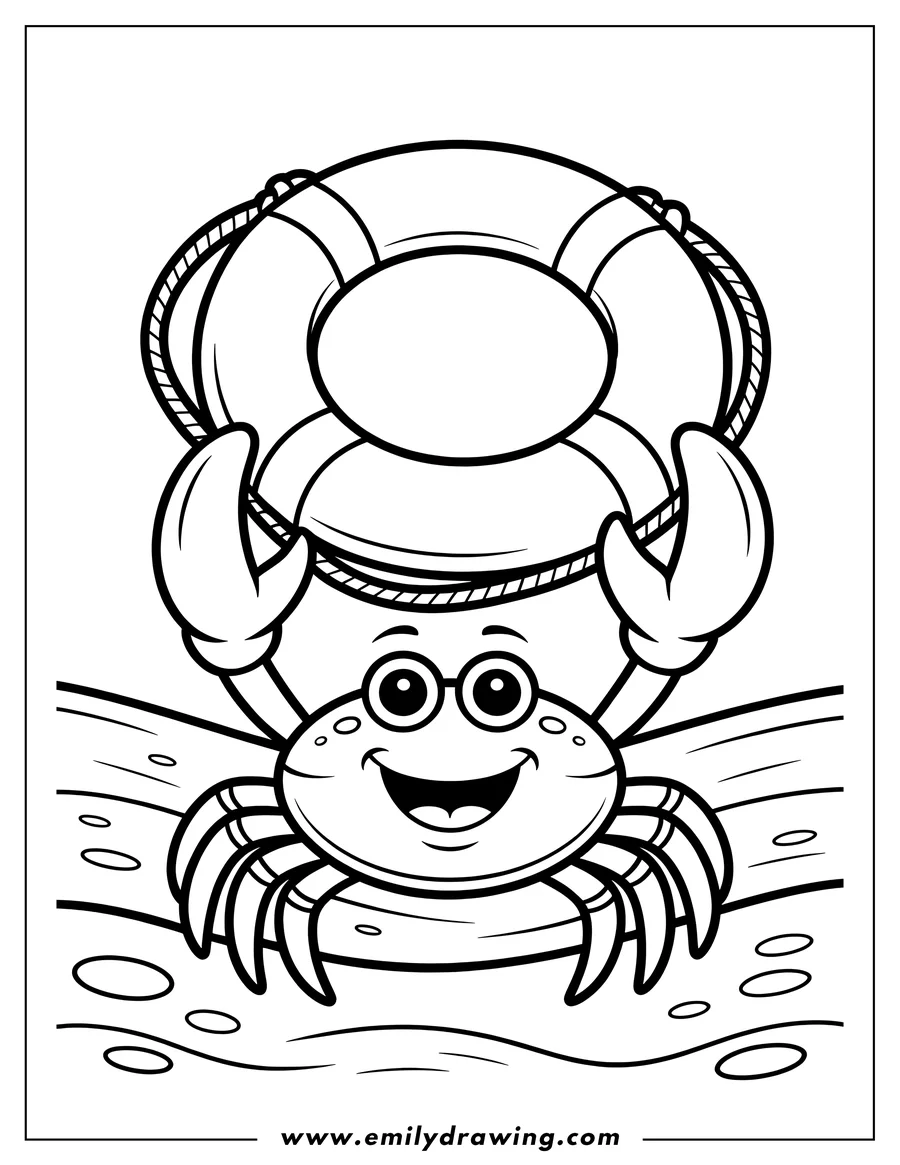Line art of a smiling crab holding a life preserver above its head. It is standing in shallow water.