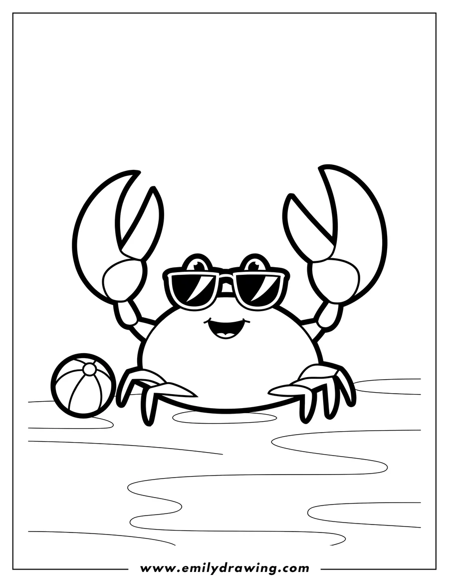 Outline of a smiling crab wearing sunglasses and standing next to a beach ball on the sand.