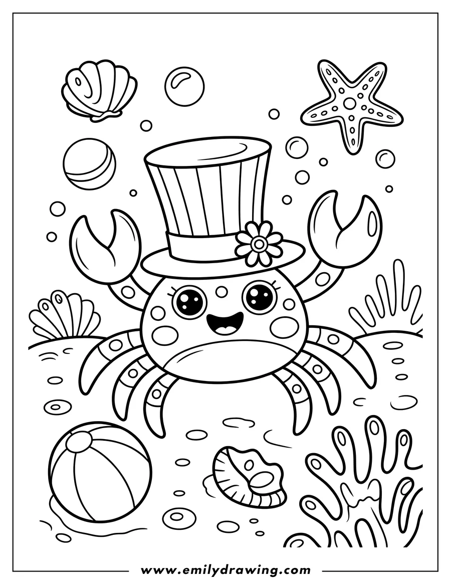 Line art of a crab wearing a top hat with a flower on it, surrounded by beach balls, seashells, starfish, and coral.