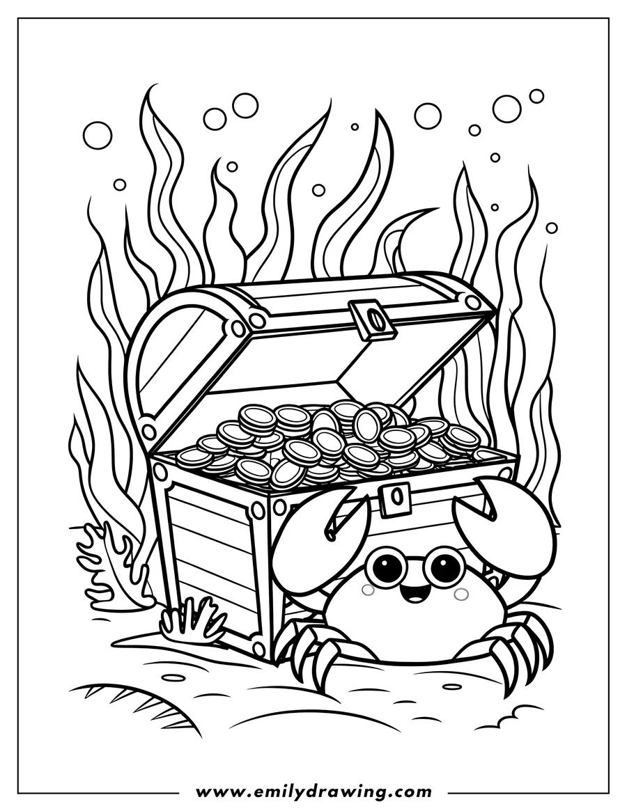 Outline of a cheerful crab next to an open treasure chest filled with coins, with seaweed and bubbles in the background.