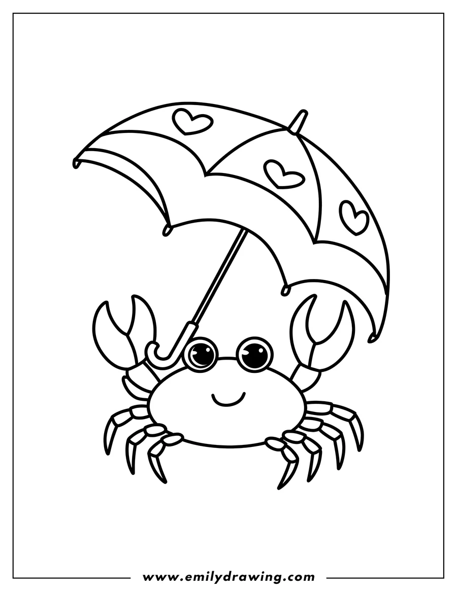 Outline of a crab holding an umbrella decorated with hearts.