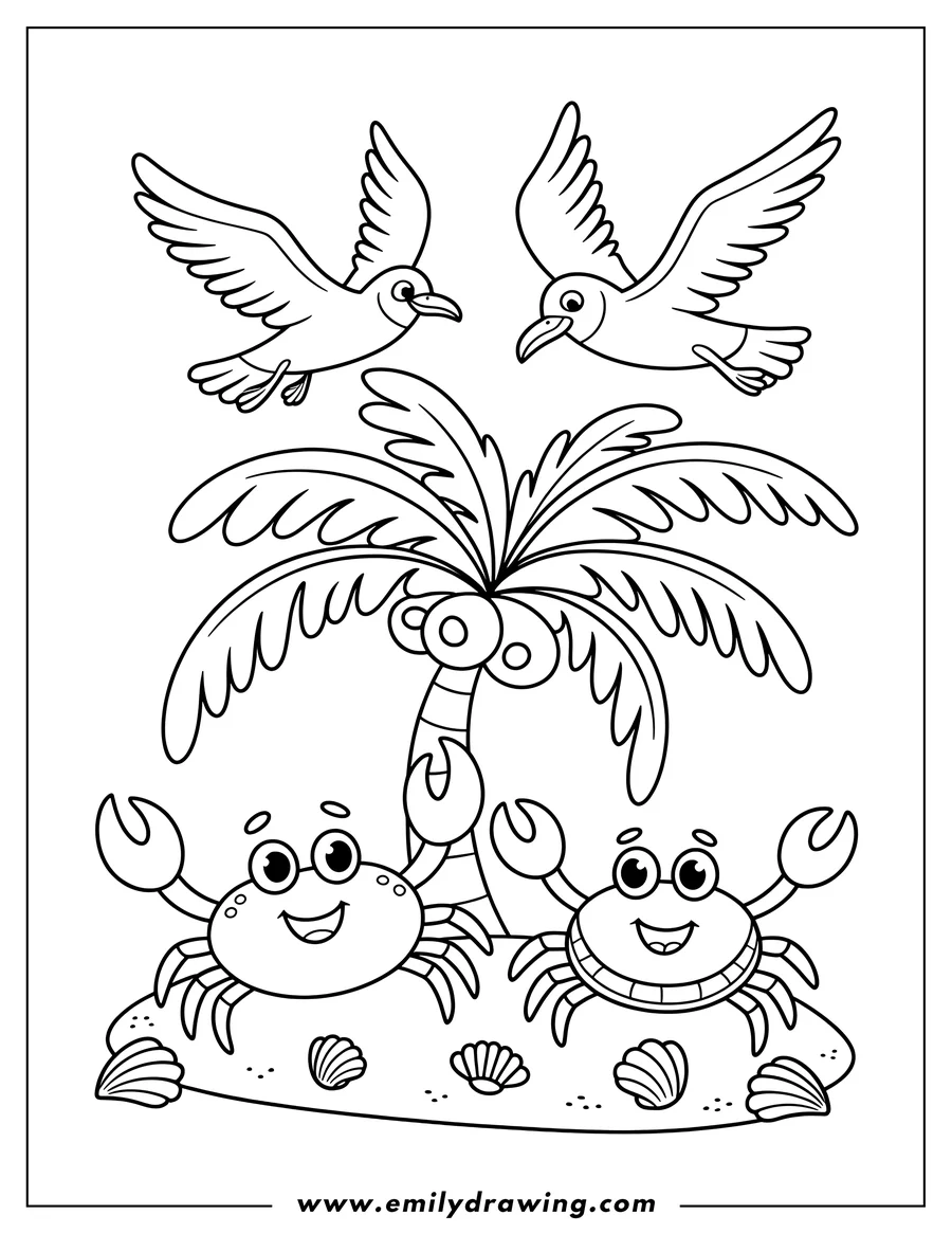 Two crabs on a beach with seashells near a palm tree, with two birds flying overhead.