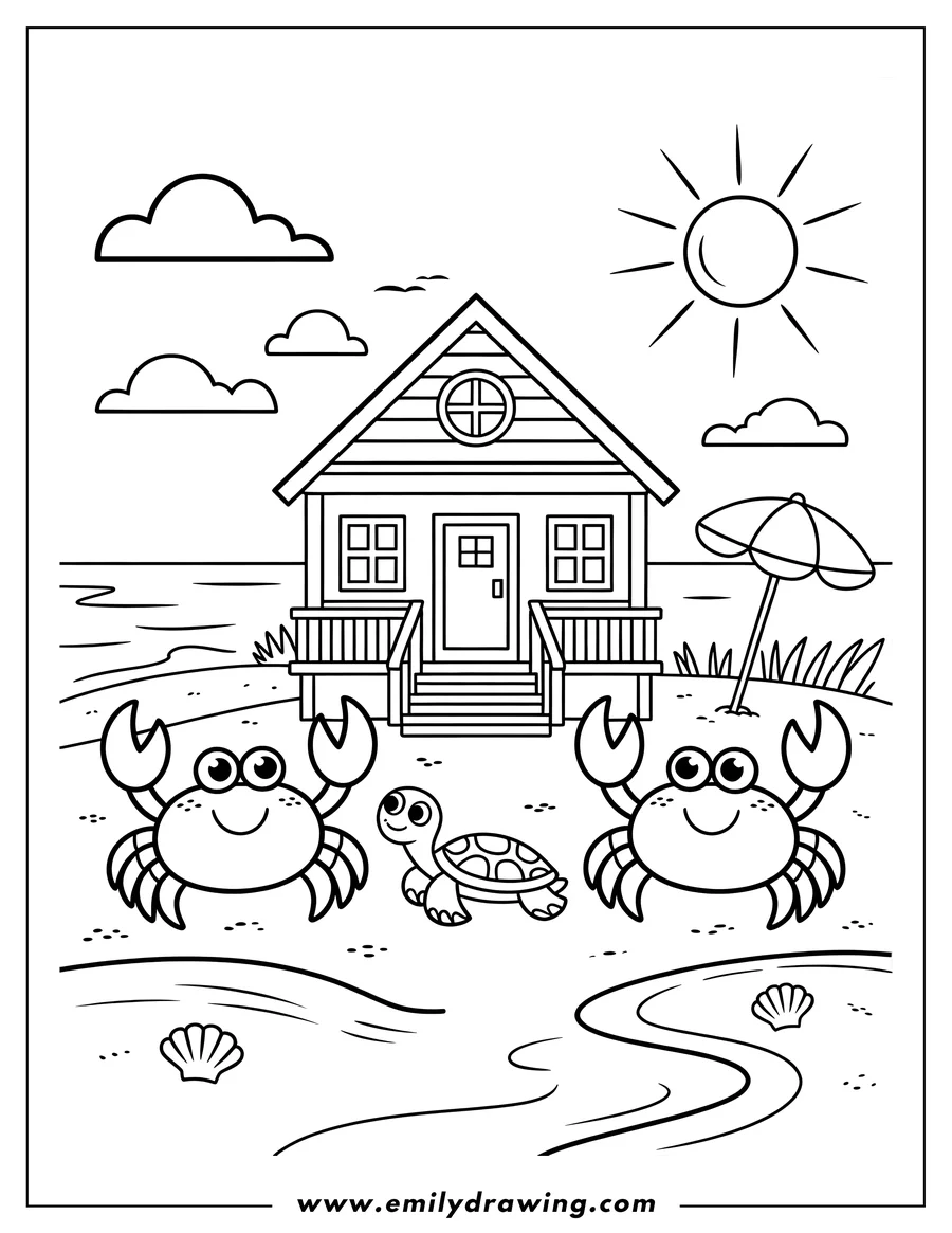 Outline of two crabs and a turtle on a sandy beach in front of a beach house with an umbrella and a shining sun.