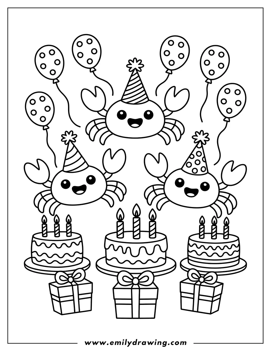 Three crabs wearing party hats celebrate a birthday with cakes, gifts, and balloons.
