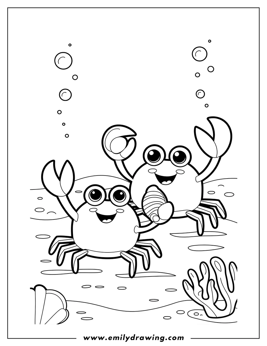 Two smiling crabs on the ocean floor. One crab is holding a seashell. Bubbles float to the surface. Simple line art suitable for coloring.