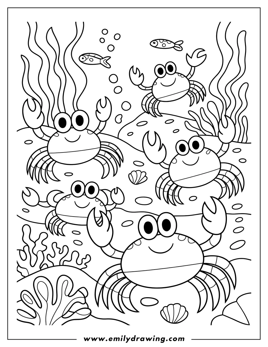 Line art of four crabs on the ocean floor, with seaweed, bubbles, and two small fish.