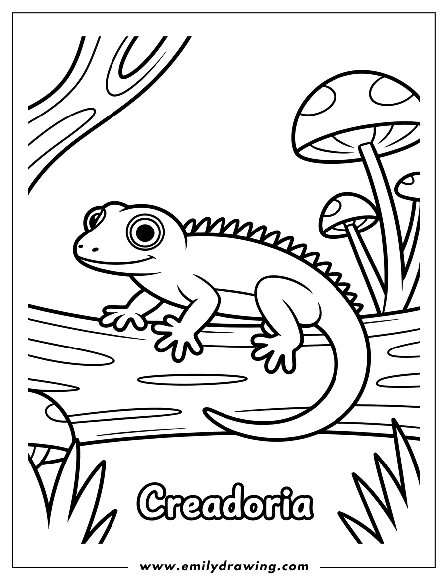 Outline of a crested gecko sitting on a log near some mushrooms. It looks alert and curious.
