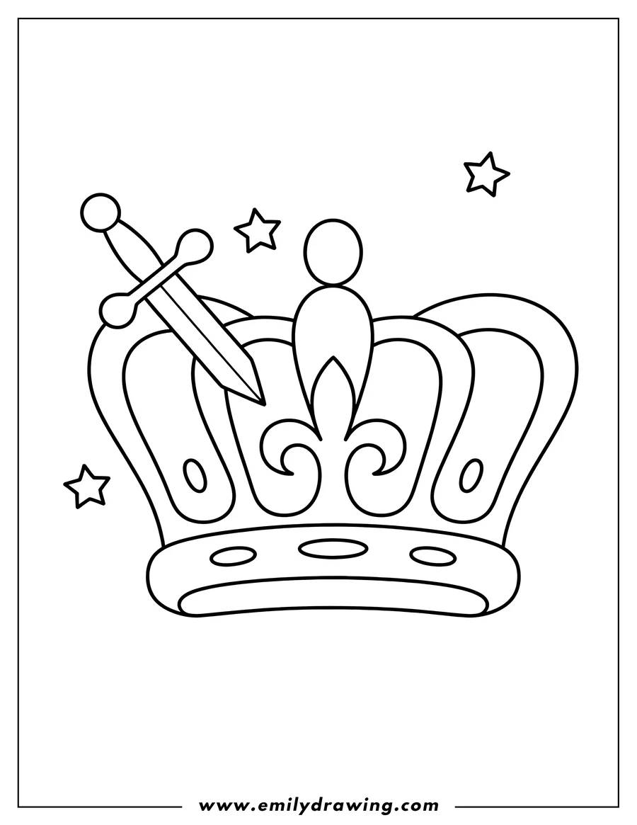 Simple outline of a crown with a dagger placed on top. Three decorative stars surround them.