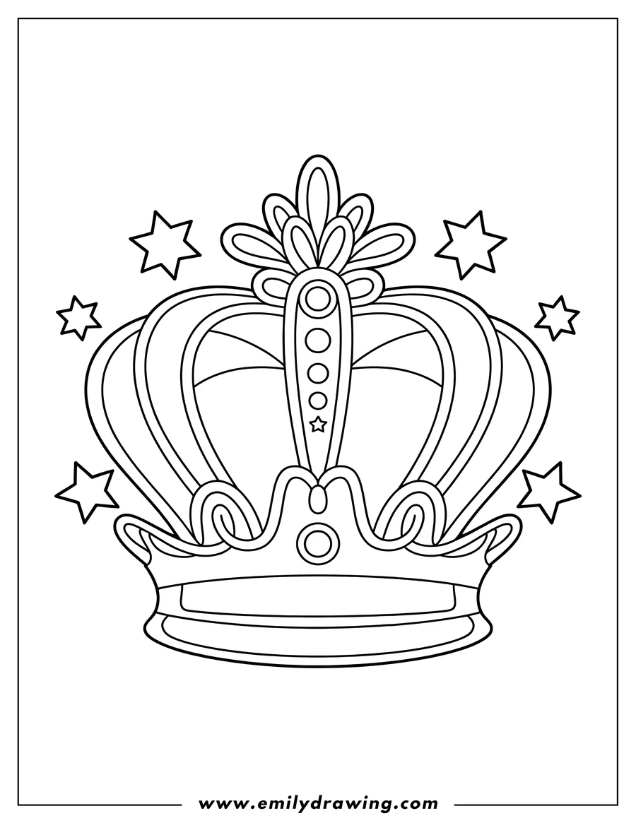 Simple line art of a crown with decorative swirls and surrounded by stars.