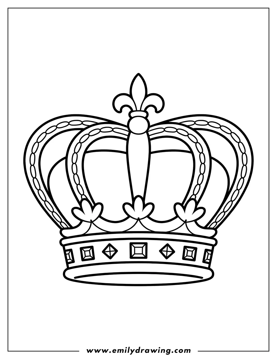 Simple line art of a royal crown, adorned with jewels and a fleur-de-lis.