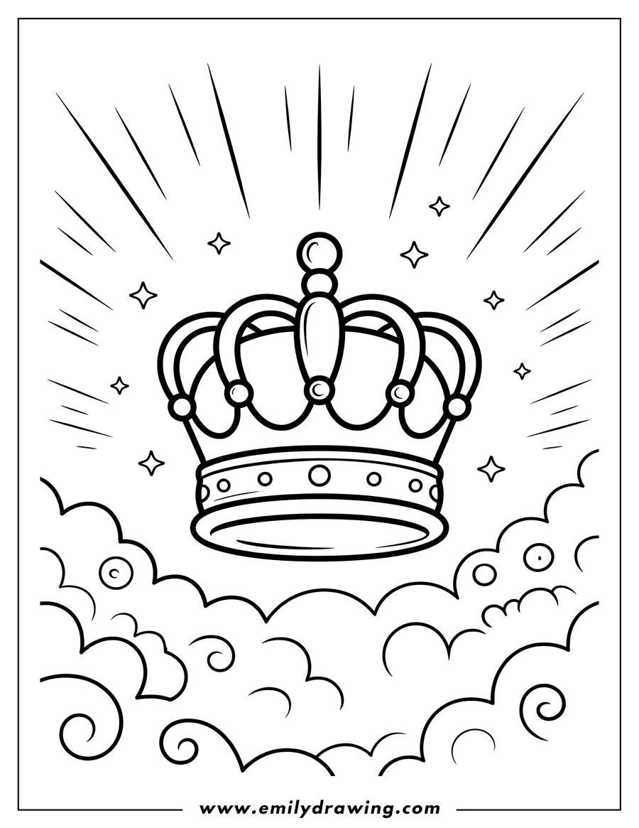Line art of a crown floating on a bed of clouds with sparkles and light rays surrounding it.