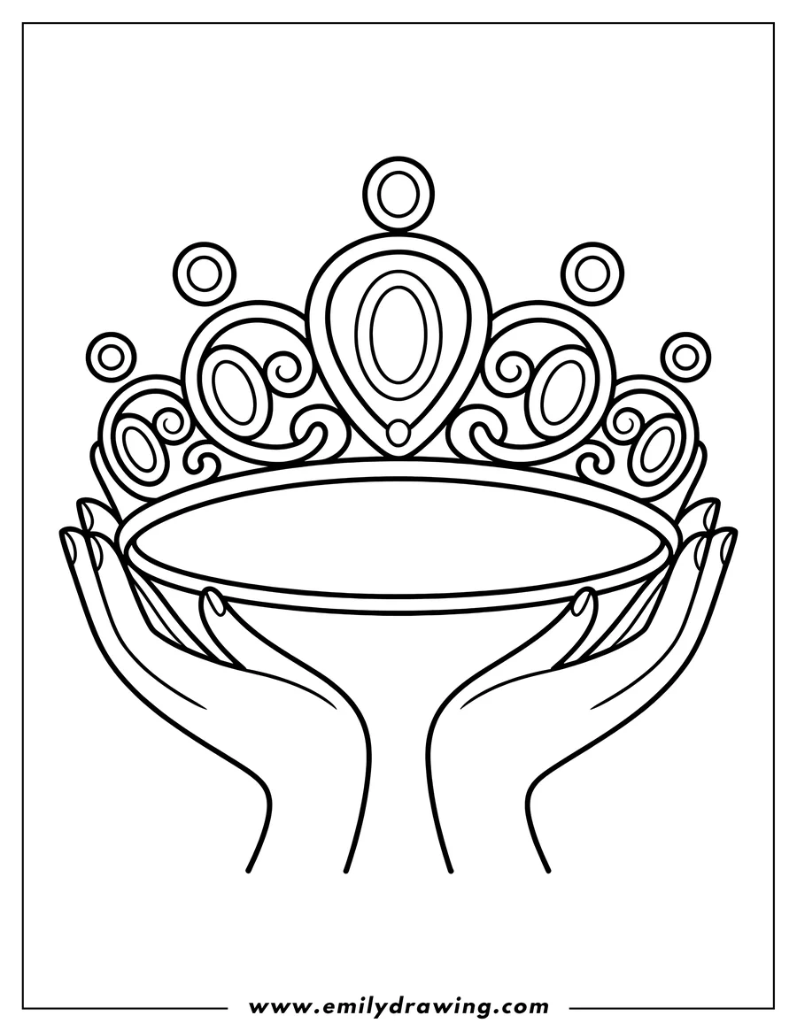 Outline of two hands gently holding a detailed jeweled crown.