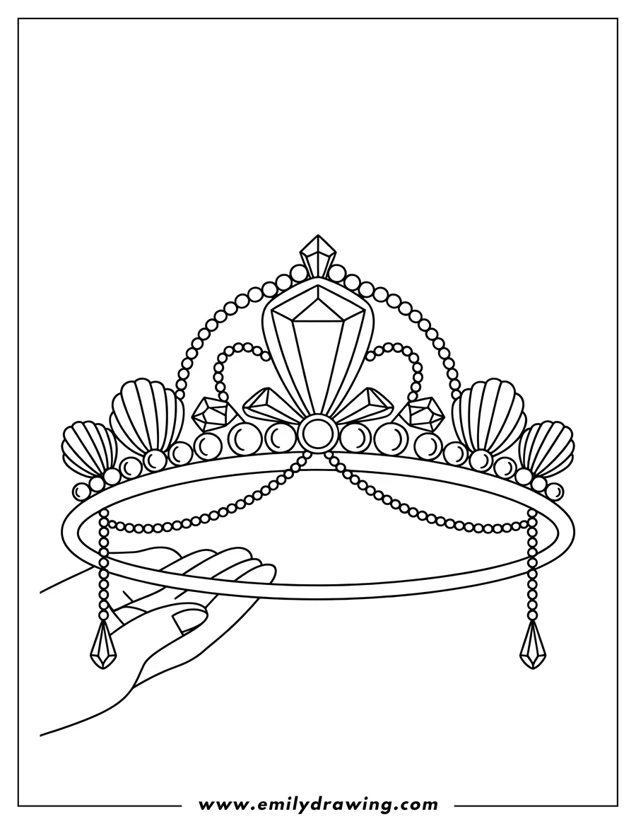 Outline of a crown adorned with seashells, pearls, and jewels held by two hands