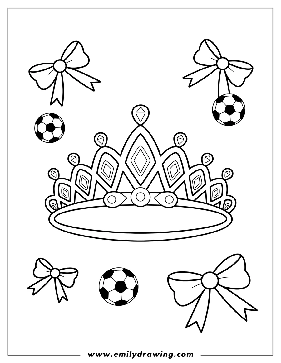 Outline of a crown decorated with diamonds, surrounded by soccer balls and bows.
