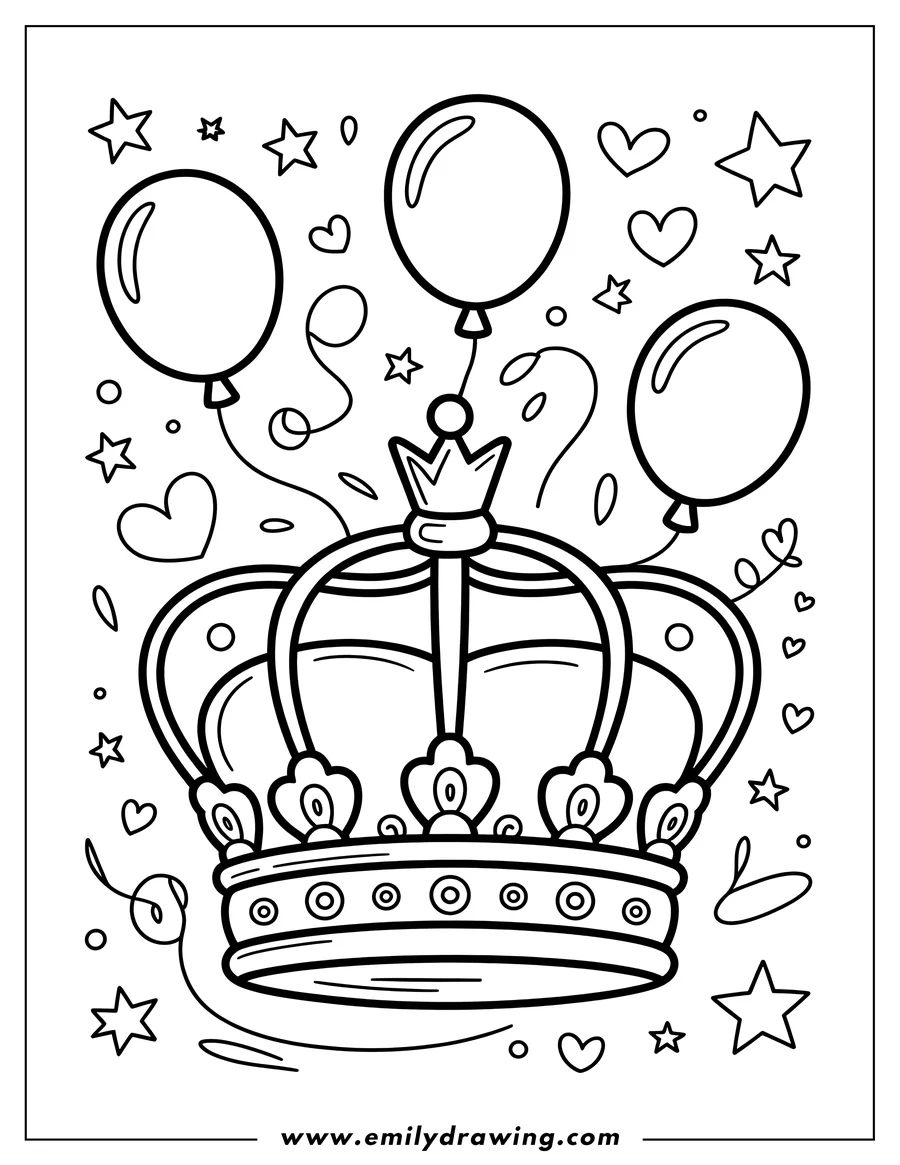 Line art of a crown with balloons, hearts, and stars surrounding it.