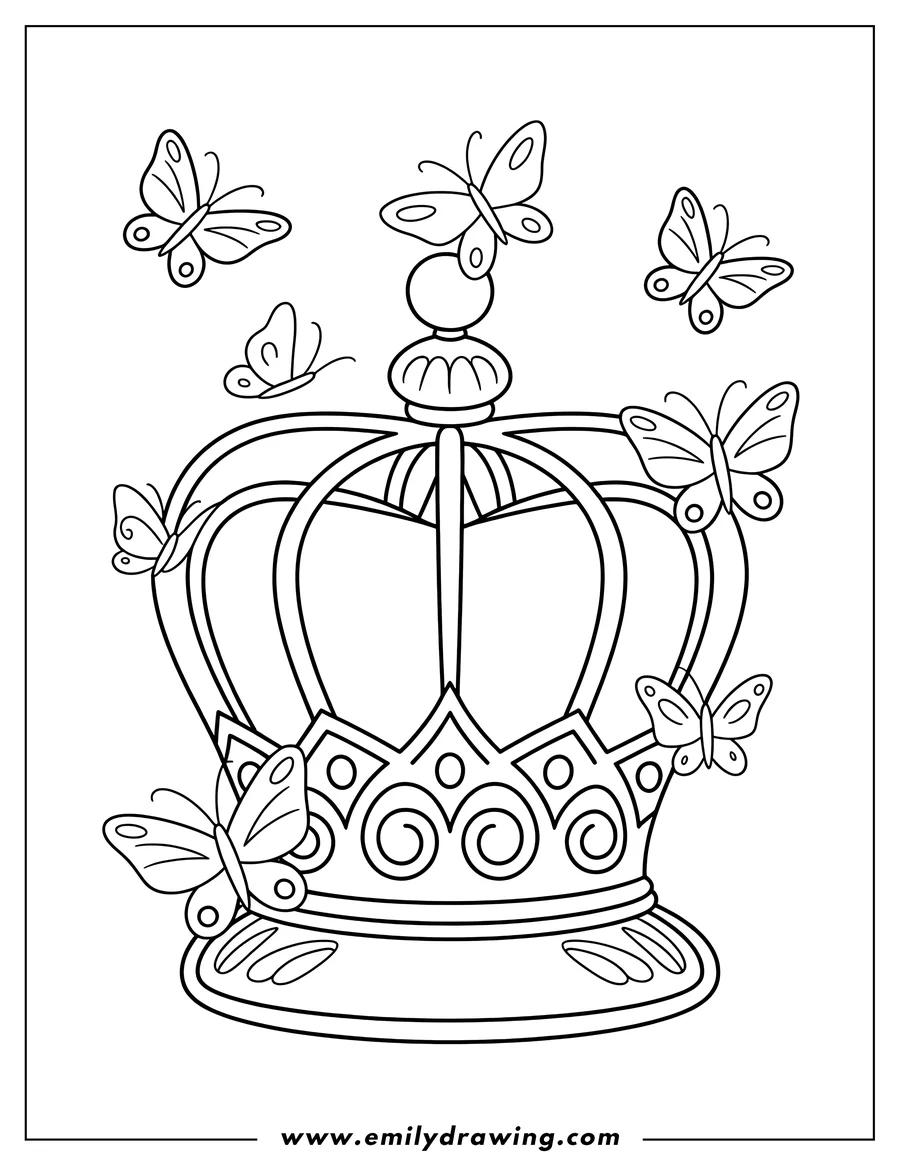 Outline of a crown with several butterflies fluttering around it.