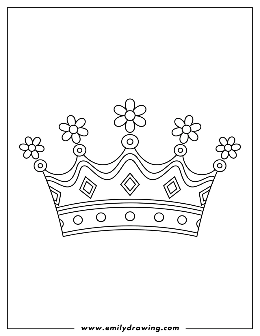 Simple line art of a crown decorated with flowers and circles.
