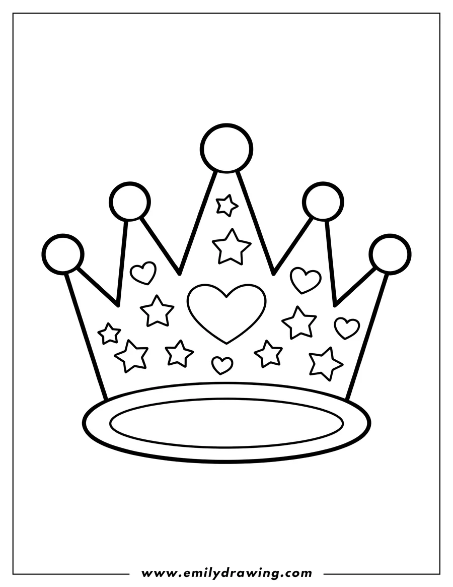 Outline of a simple crown decorated with hearts and stars.
