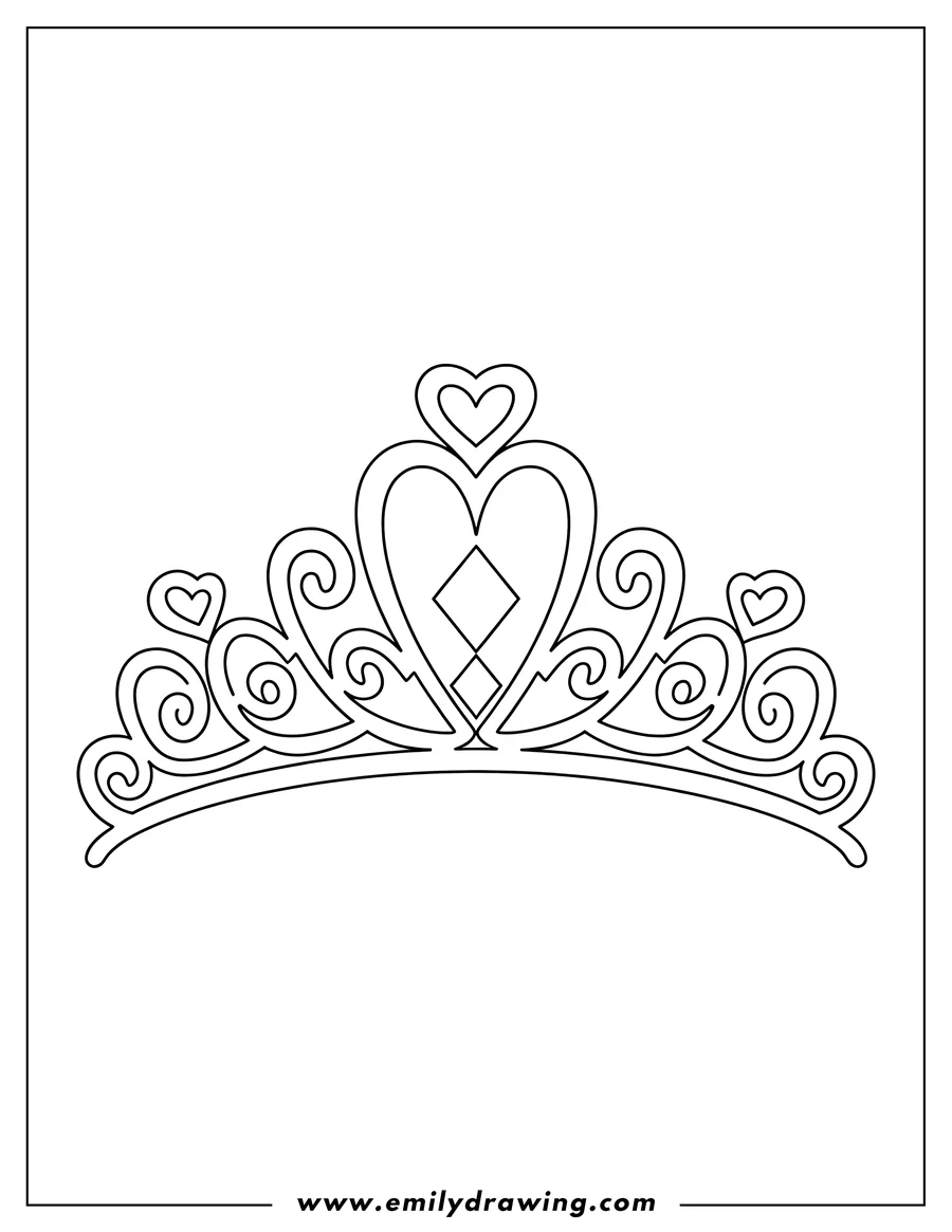Outline of a crown adorned with hearts and swirls.