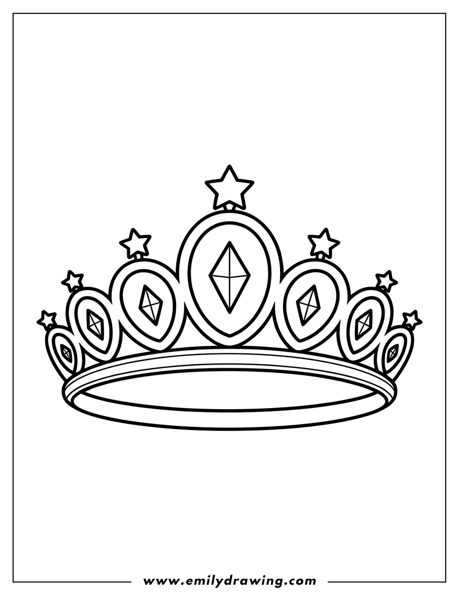 Line art of a crown adorned with jewels and topped with stars.