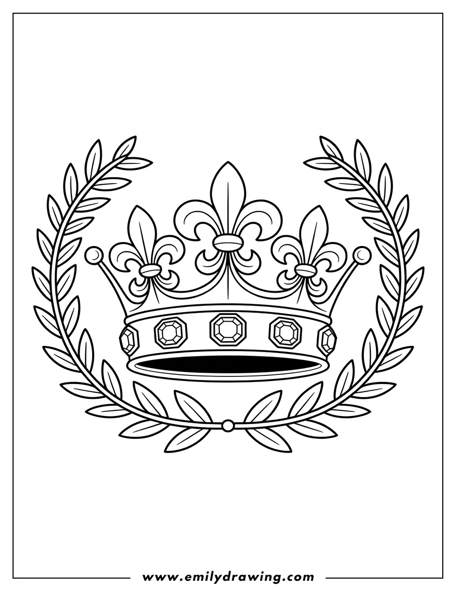 Line art of a crown with a laurel wreath. The crown features fleur-de-lis and jewels.