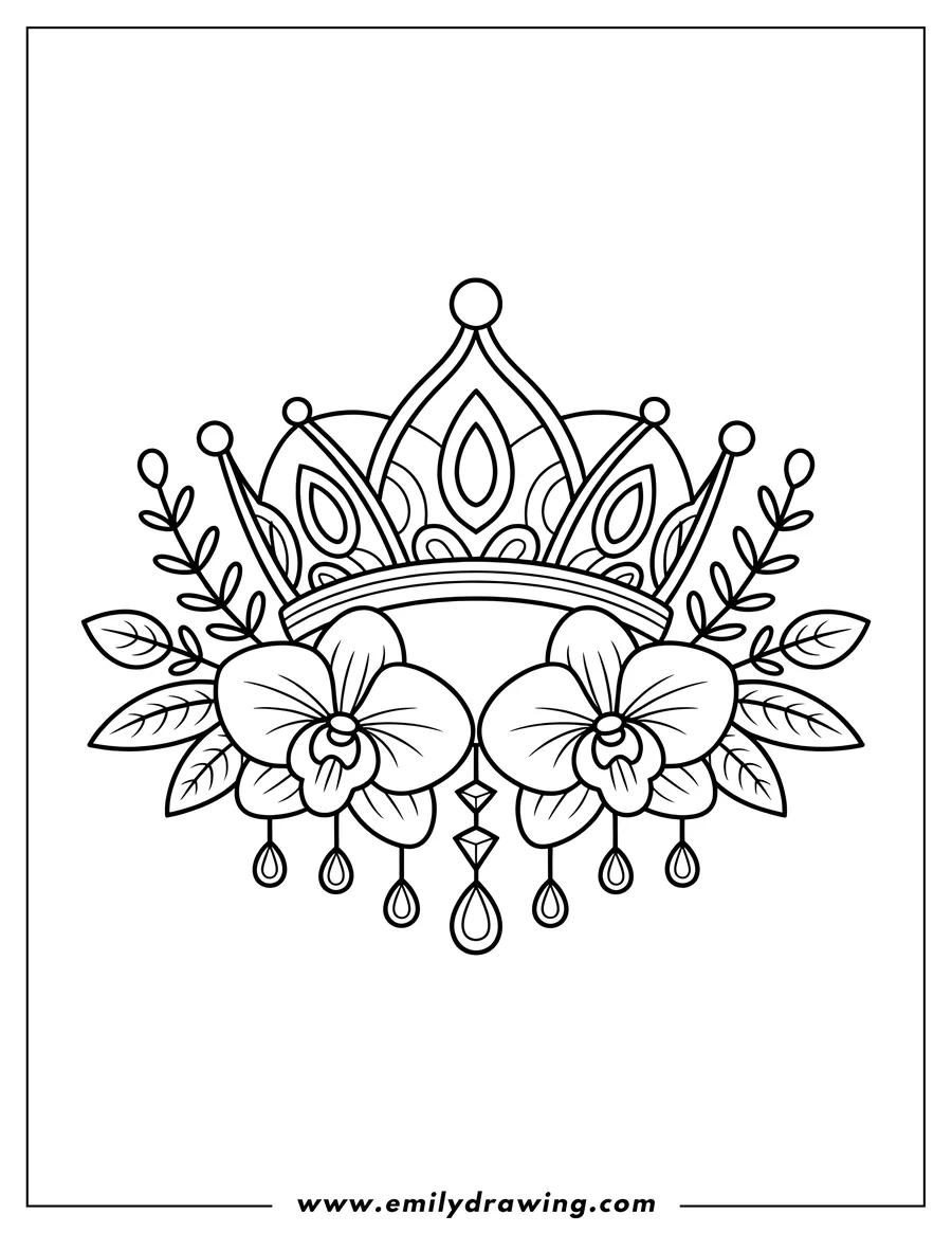 Line art of a crown adorned with orchids, leaves, and hanging jewels.