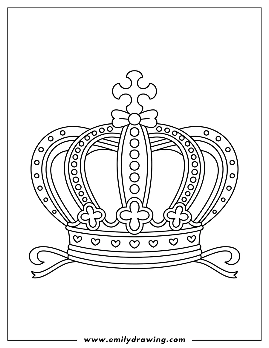 Line art of a crown with a ribbon tied around it. The crown has hearts and a cross on top.