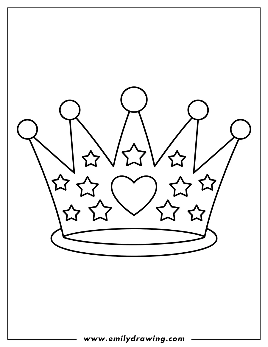 Simple outline of a crown decorated with stars and a heart.