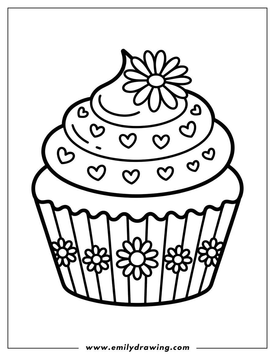 Outline of a cupcake decorated with hearts and flowers. The frosting has a large flower on top, and the cupcake wrapper has smaller flowers.