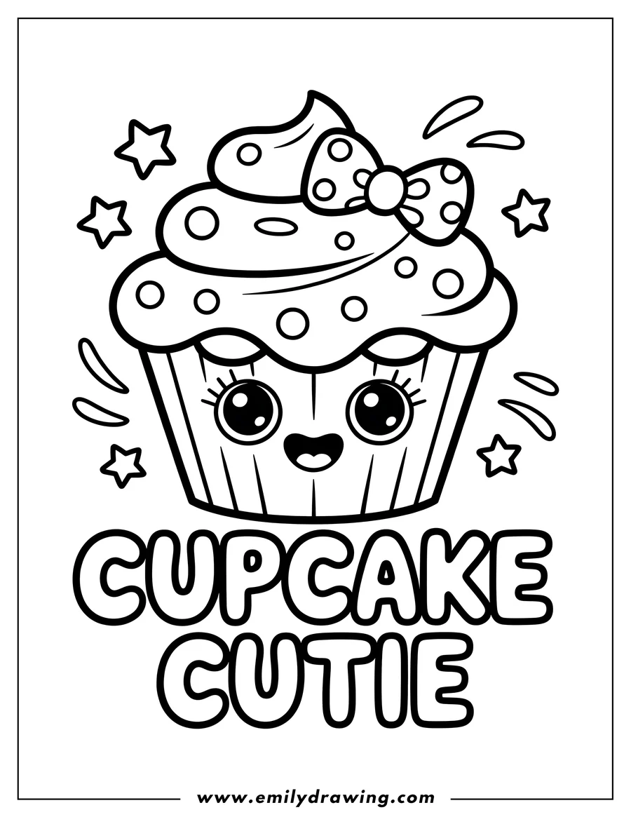 Outline of a cupcake with frosting, sprinkles, and a bow.