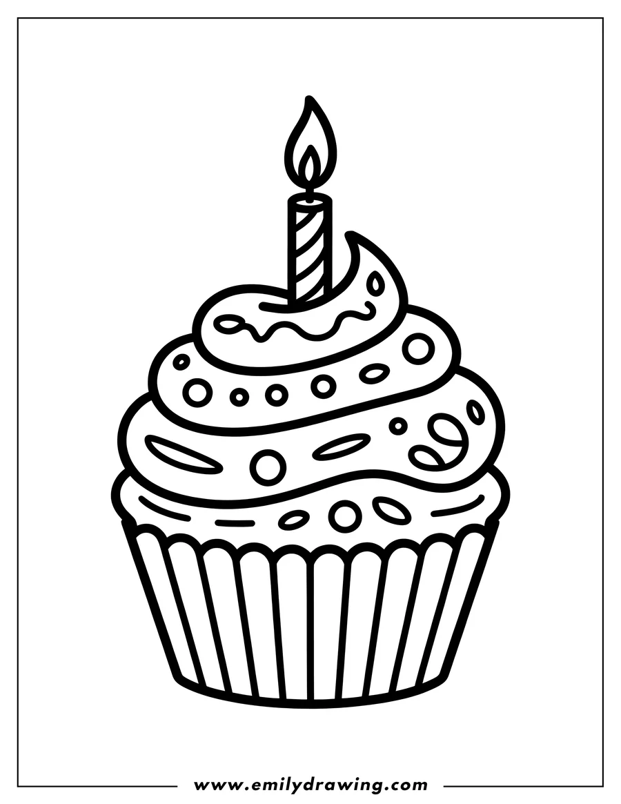 Line art of a cupcake with a lit candle and swirled frosting.