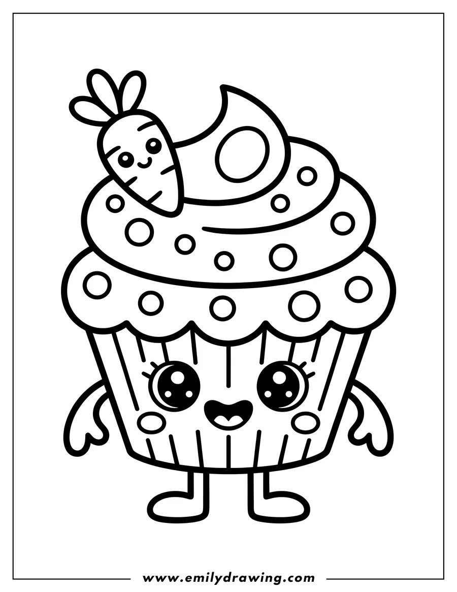 Line art of a cute cupcake character with a carrot on its frosting. The cupcake has large, friendly eyes and a smiling face.