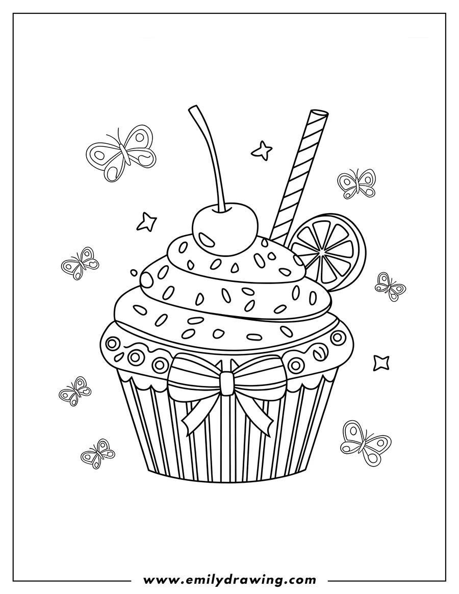 Outline drawing of a cupcake decorated with a cherry, orange slice, and a bow, surrounded by butterflies.