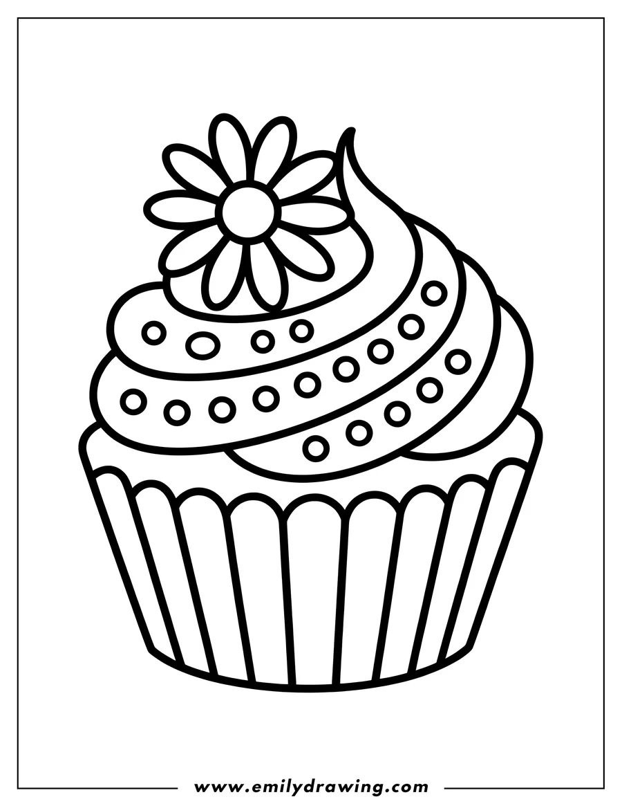 Line art of a cupcake with swirled frosting, sprinkles, and a flower on top.