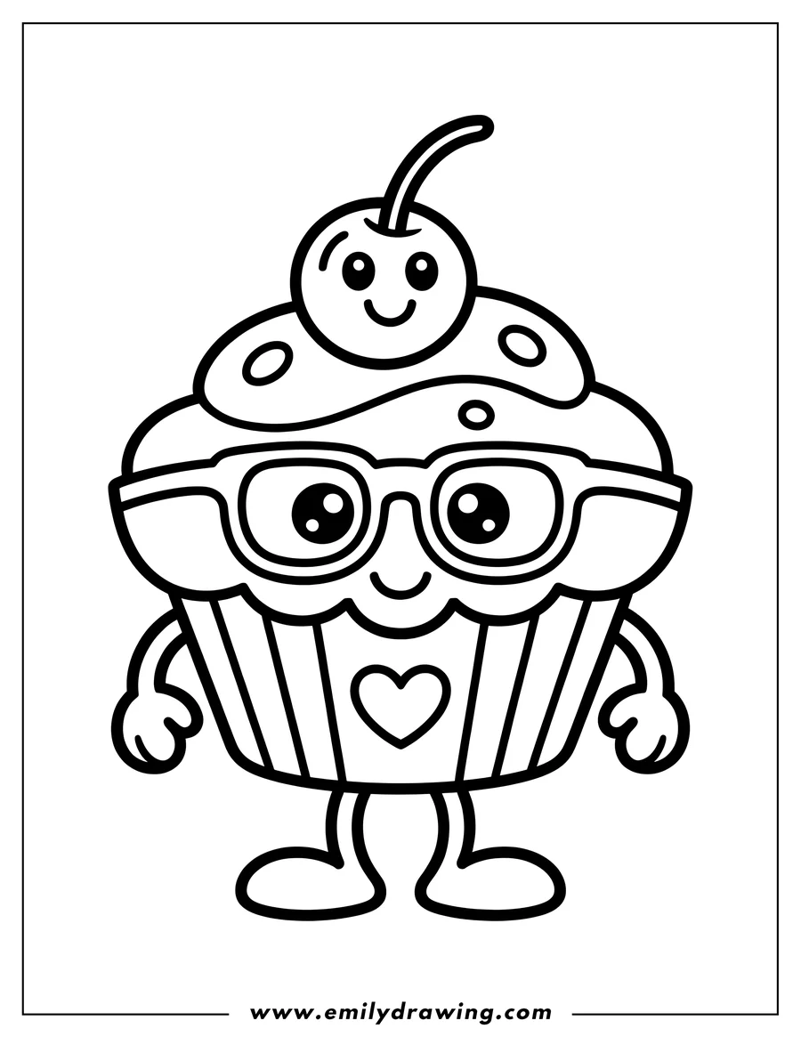 Line art of a cute cupcake wearing glasses and topped with a cherry.