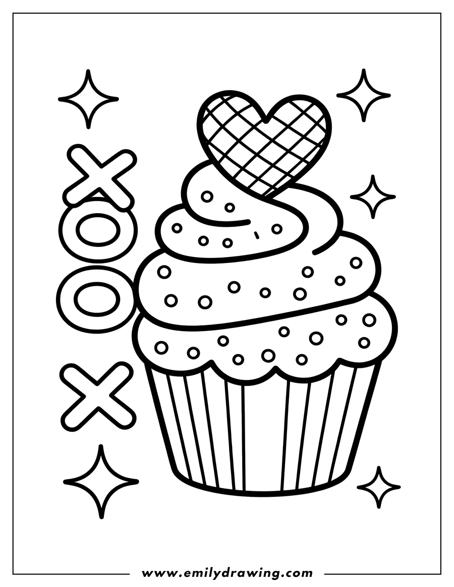 Outline of a cupcake with swirled frosting, sprinkles, and a heart on top.