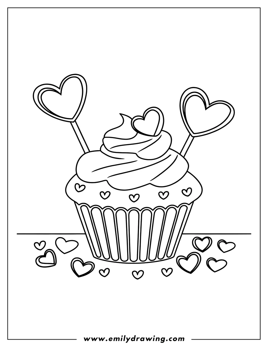Outline of a cupcake decorated with heart-shaped candies on sticks and small hearts scattered around the base.