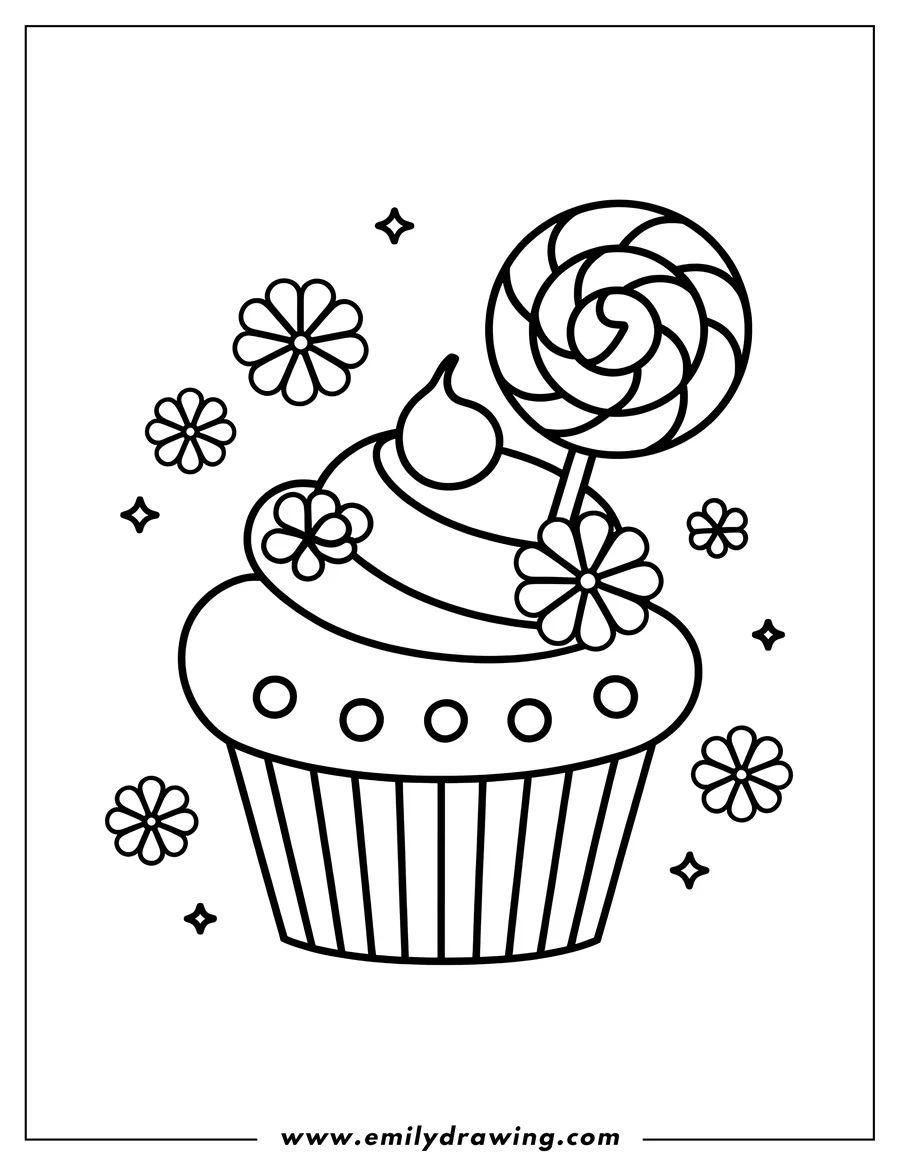 Line art of a cupcake with swirled frosting, decorated with small flowers, and a lollipop on top.