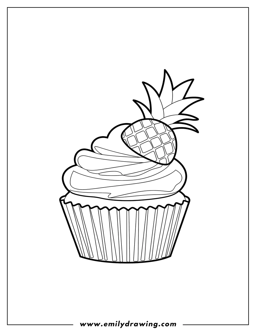 Line art of a cupcake with swirly frosting and a pineapple on top.